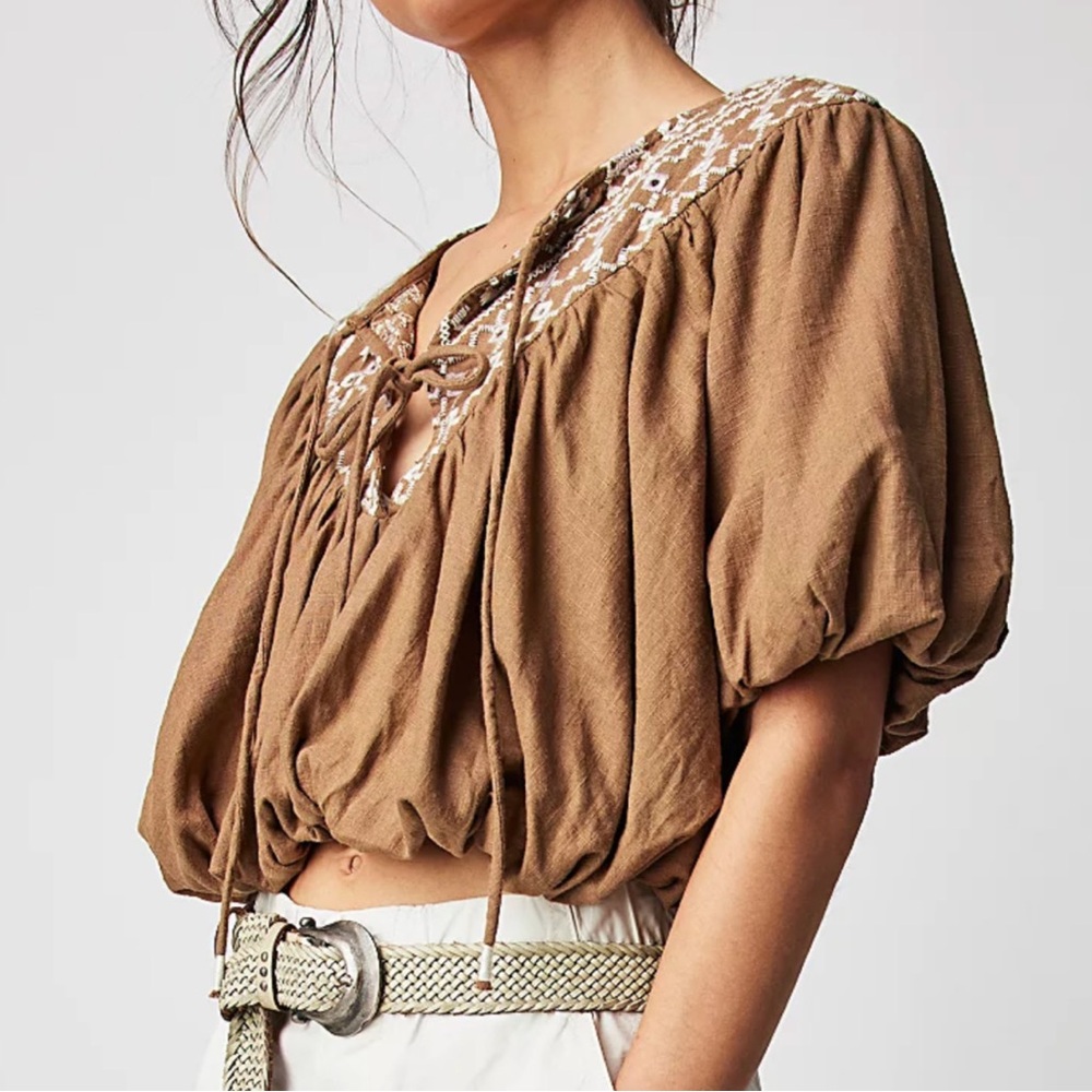 Free People Brown Puff Sleeve Crop Top